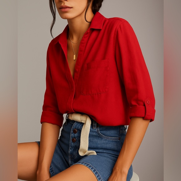 Anthropologie Tops - beach lunch lounge Women's Solid Red Button Down Top